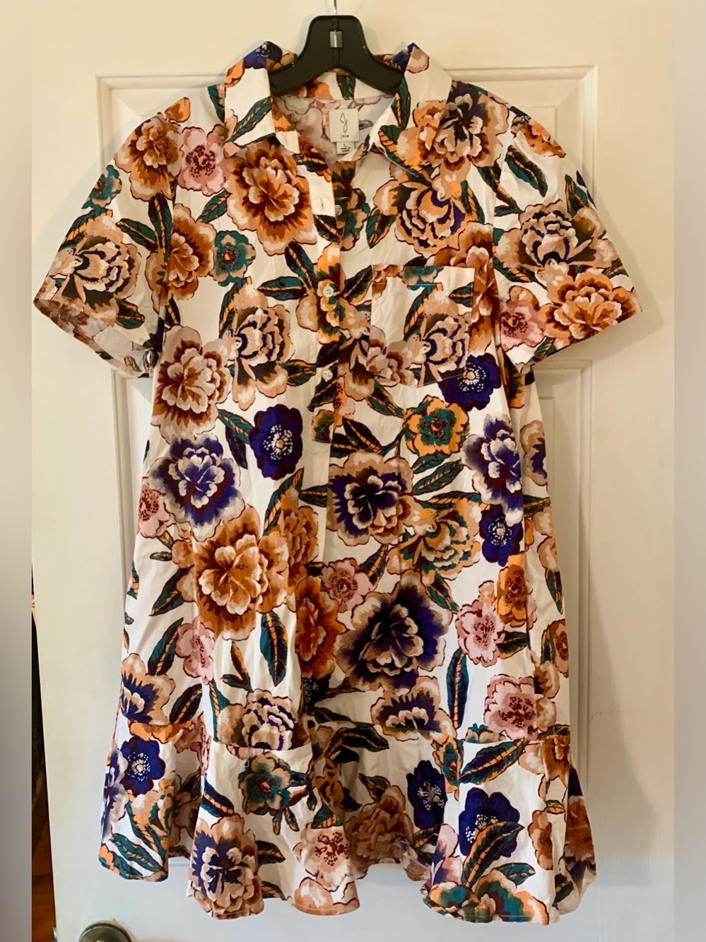 Joie Short-Sleeve Shirt Dress - White with Gold & Brown Floral Fall Boho